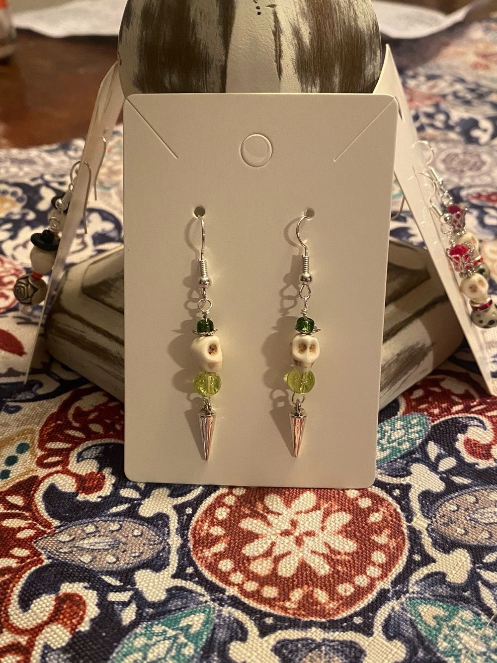 Handmade Green Skull Bead Drop Earrings
